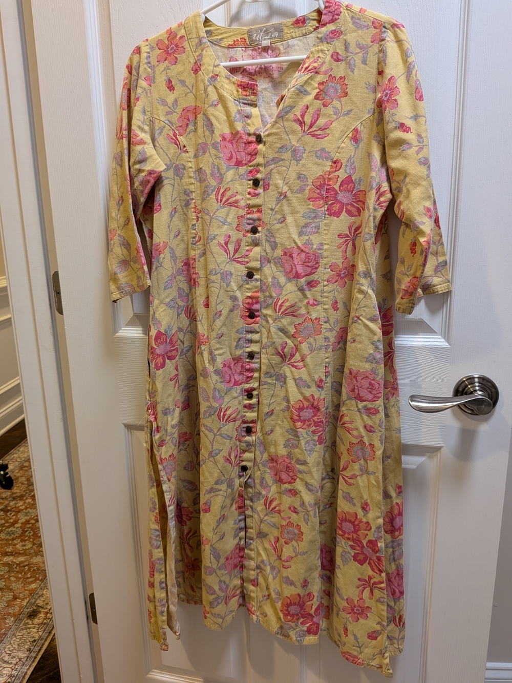 Utsa Floral Button-Front Midi Dress in Yellow and Pink Size M